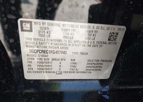 2015 Chevrolet Silverado 1500 1Lt from USA, damaged, VIN 3GCPCREC1FG457840